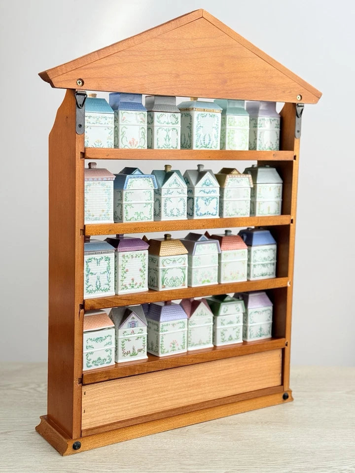 Vintage 1989 Lenox Spice Village – Complete Set of 24 Porcelain Spice Jar Houses with Original Wooden Rack