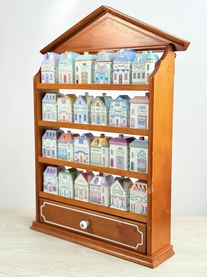Vintage 1989 Lenox Spice Village – Complete Set of 24 Porcelain Spice Jar Houses with Original Wooden Rack