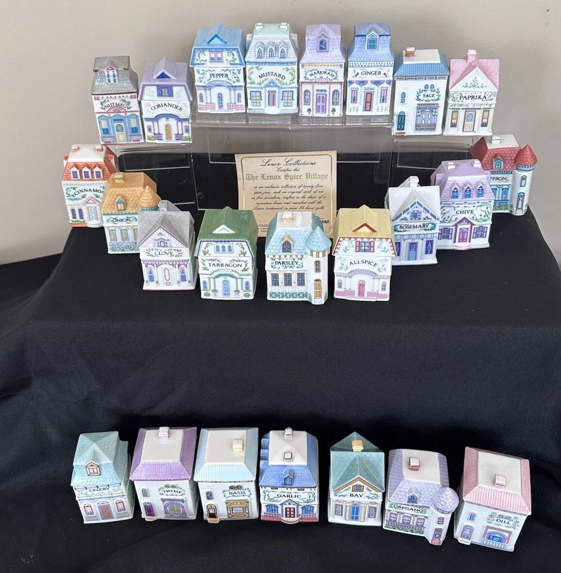 Vintage 1989 Lenox Spice Village – Complete Set of 24 Porcelain Spice Jar Houses with Original Wooden Rack