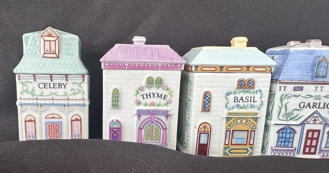 Vintage 1989 Lenox Spice Village – Complete Set of 24 Porcelain Spice Jar Houses with Original Wooden Rack