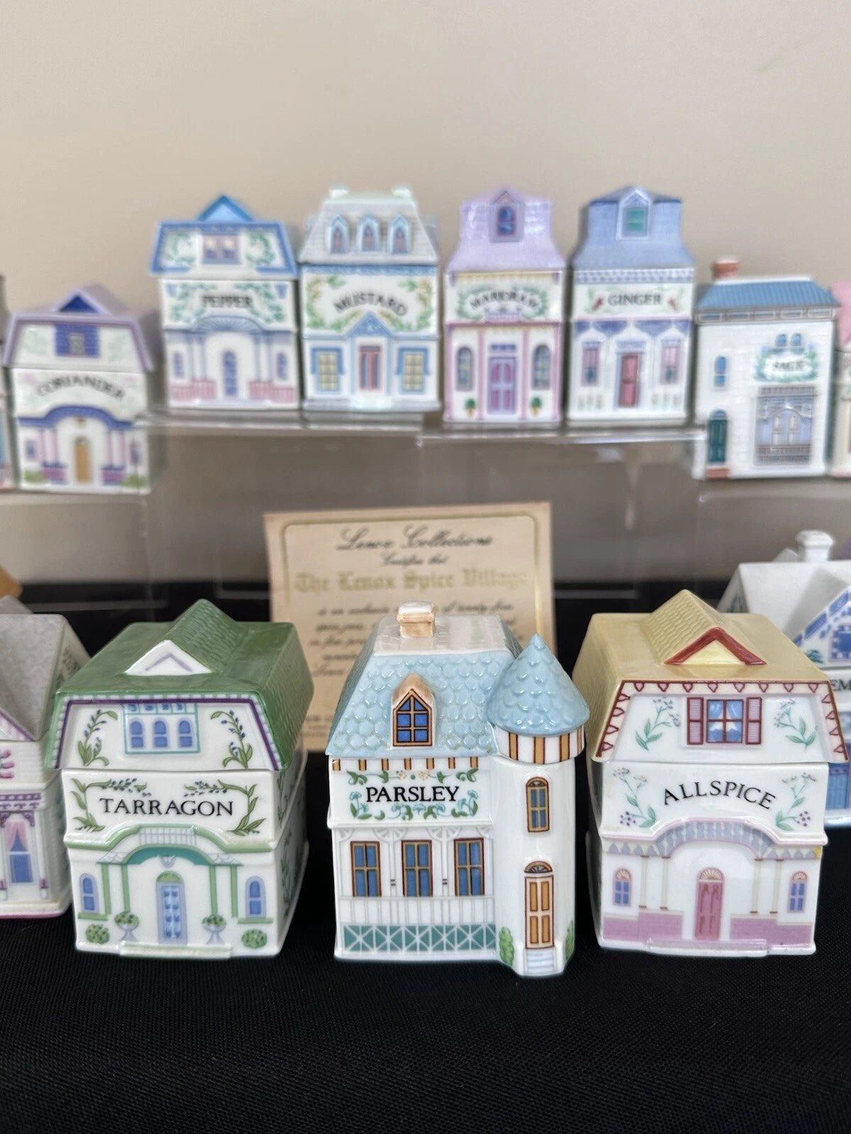 Vintage 1989 Lenox Spice Village – Complete Set of 24 Porcelain Spice Jar Houses with Original Wooden Rack