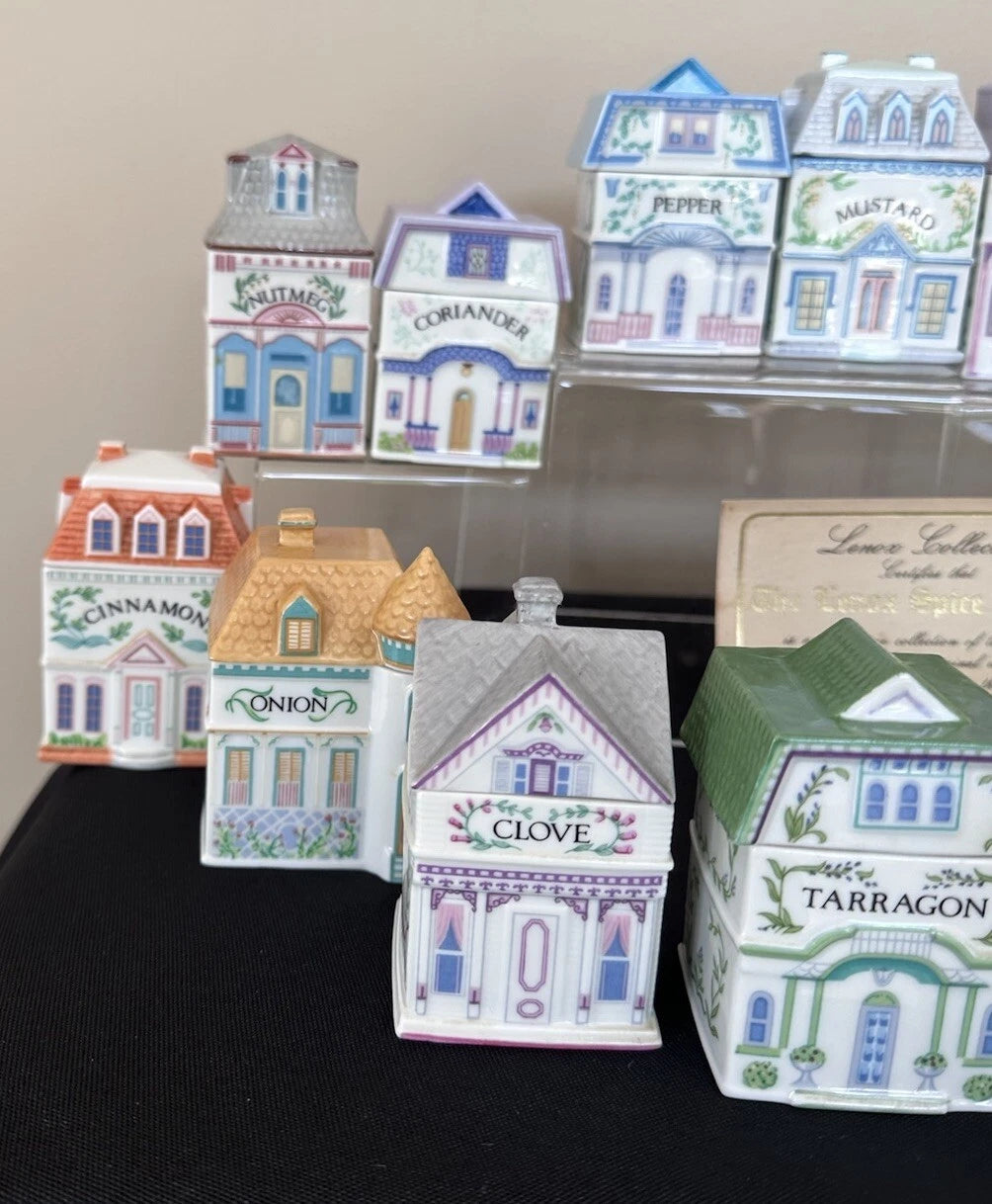 Vintage 1989 Lenox Spice Village – Complete Set of 24 Porcelain Spice Jar Houses with Original Wooden Rack