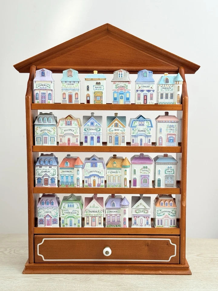 Vintage 1989 Lenox Spice Village – Complete Set of 24 Porcelain Spice Jar Houses with Original Wooden Rack