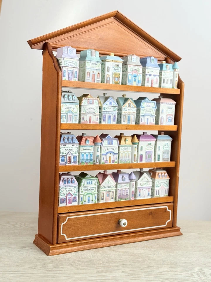 Vintage 1989 Lenox Spice Village – Complete Set of 24 Porcelain Spice Jar Houses with Original Wooden Rack