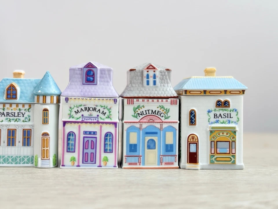 Vintage 1989 Lenox Spice Village – Complete Set of 24 Porcelain Spice Jar Houses with Original Wooden Rack